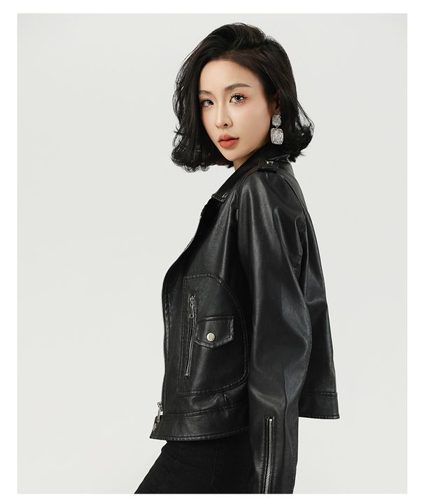Spring New Short Motorcycle PU Leather Lapel Jacket Slim Fit Leather Jacket_ecoleips.com