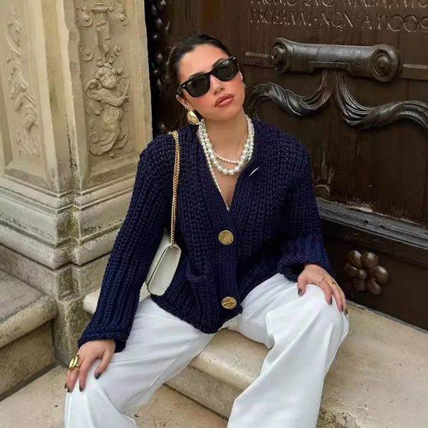 "Women's V-Neck Long Sleeve Cardigan With Pockets - Soft Polyester Knit Sweater For Fall & Winter, Casual Comfort Wear (Red, Navy, White, Blue, )_ecoleips.com