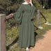 Elegant Muslim Maxi Dress With Bell Sleeves & Waist Tie – Modest Long Dress For Work, Travel & Prayer (S-Xxl, Breathable Polyester, 4 Colors)_ecoleips.com