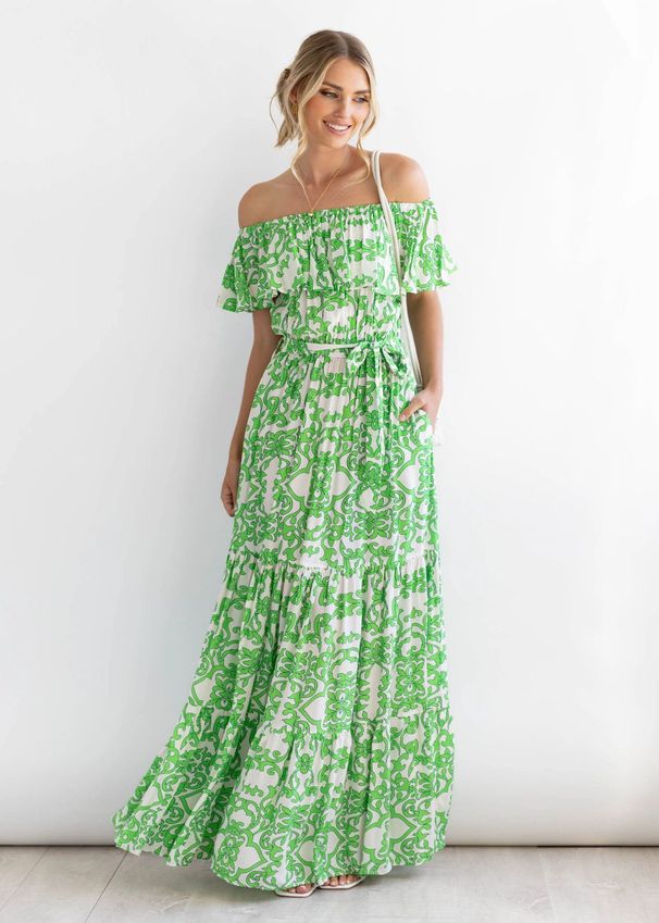 2026 Cross-Border European And American Women's Fashion Spring/Summer New Printed Off-Shoulder Tie-Waist Ruffle Hem Long_ecoleips.com