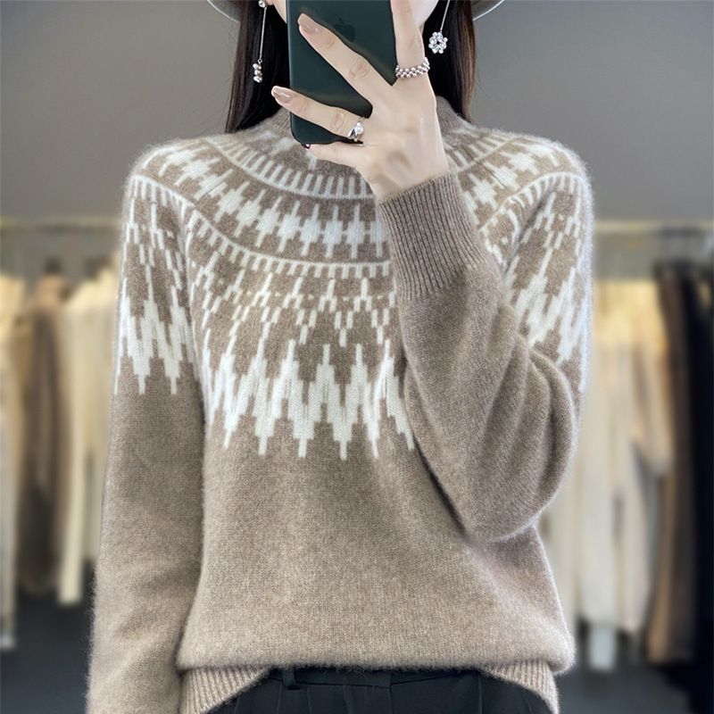 Women's Chunky Knit Sweater Oversized High-Neck Pullover With Geometric Jacquard Contrast Color Blocking Soft Acrylic-Polyester Blend For Fall/Winter_ecoleips.com