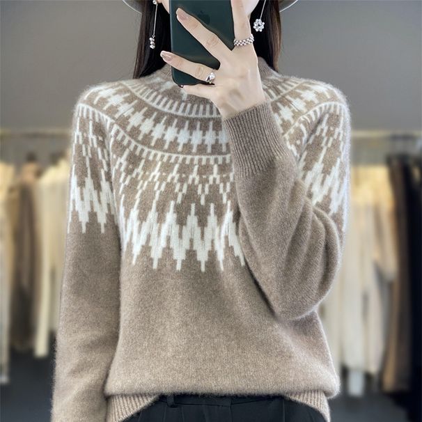 Women's Chunky Knit Sweater Oversized High-Neck Pullover With Geometric Jacquard Contrast Color Blocking Soft Acrylic-Polyester Blend For Fall/Winter_ecoleips.com