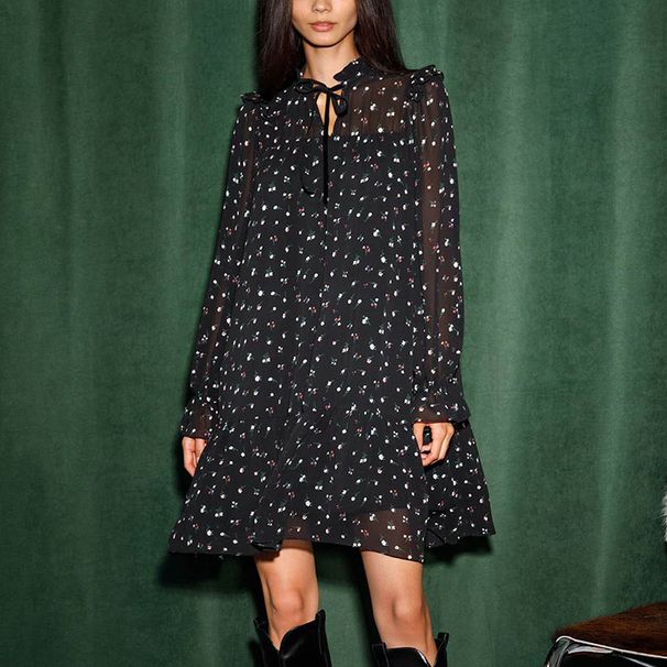 Talenza Print Chiffon Dress Women's Ruffled Neckline Lace Up Puff Sleeve See Through Dress 2025 Female Elegant Retro Loose Dress_ecoleips.com