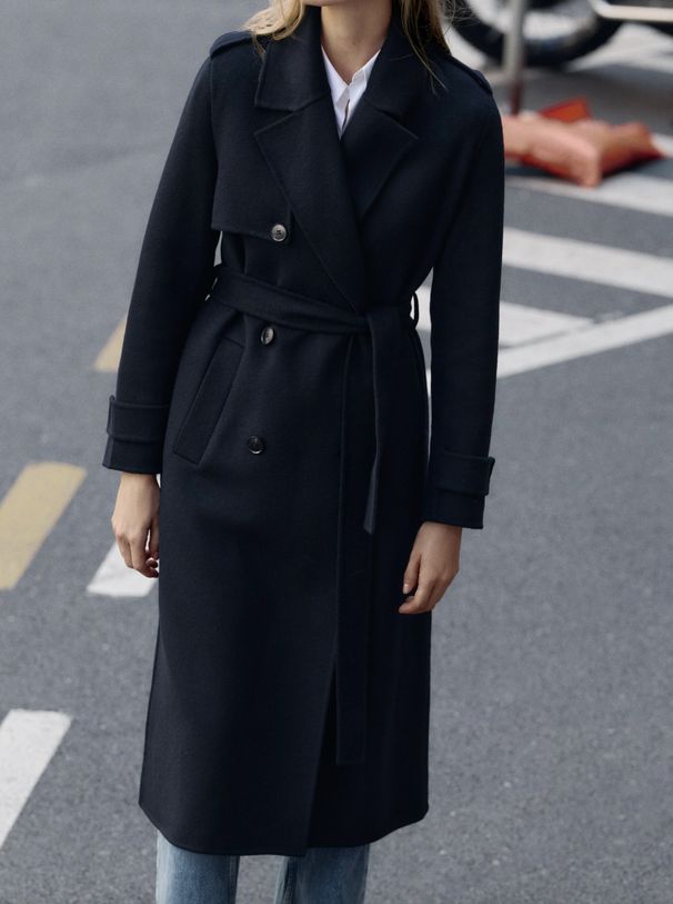 Double-breasted Long Deep Sea Blue Belt Double-sided Woolen Coat_ecoleips.com