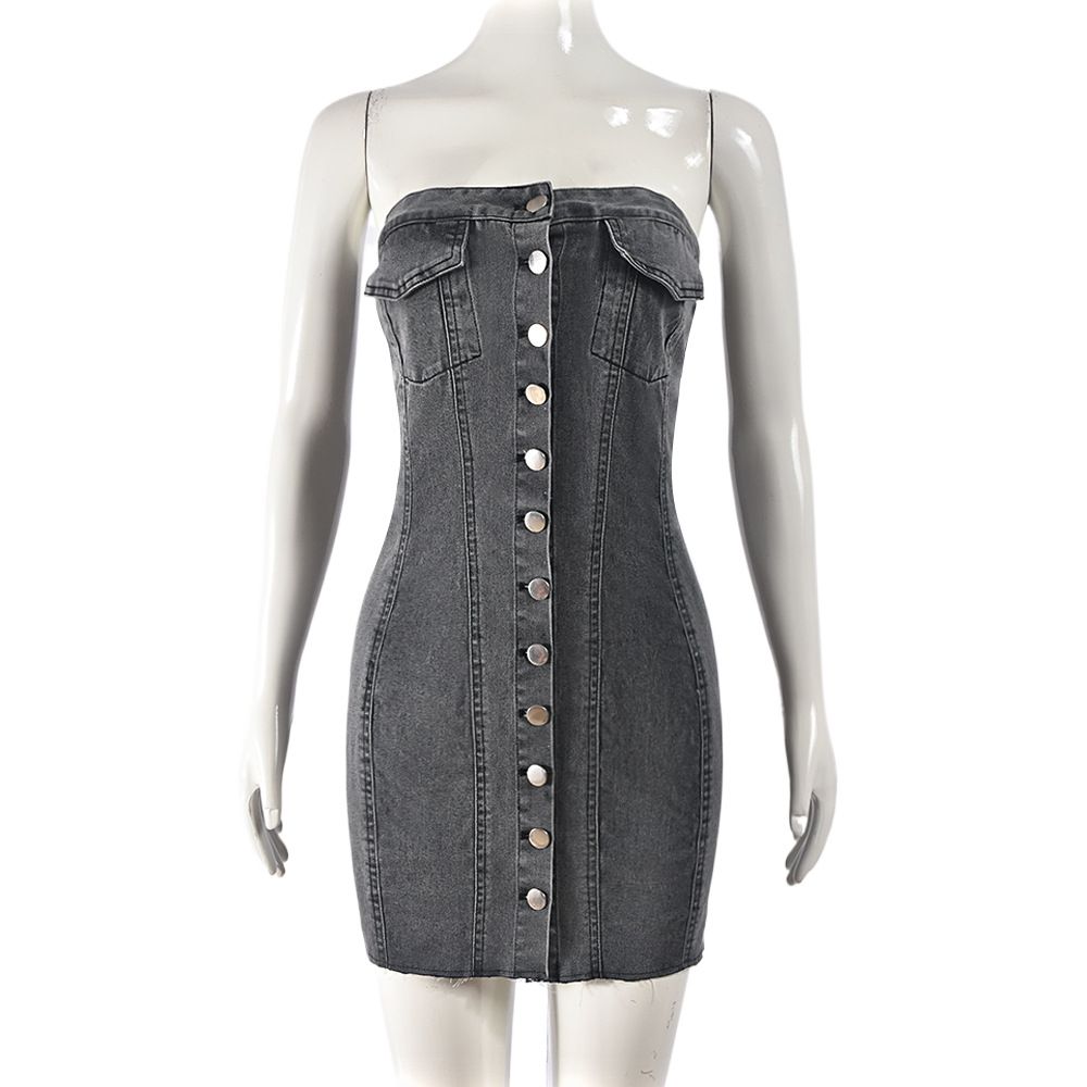 Women's Clothing Stretch Denim Skirt Spring And Summer Sexy Cardigan Button Washed Chest Dress_ecoleips.com
