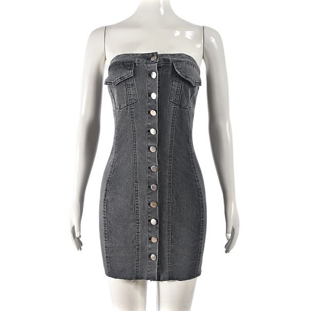 Women's Clothing Stretch Denim Skirt Spring And Summer Sexy Cardigan Button Washed Chest Dress_ecoleips.com