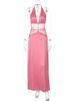 TARUXY Lace Splice Halter Long Dress For Women Deep V Neck Backless Beach Vacation Dress Female High Waist Fashion Slim Dress_ecoleips.com