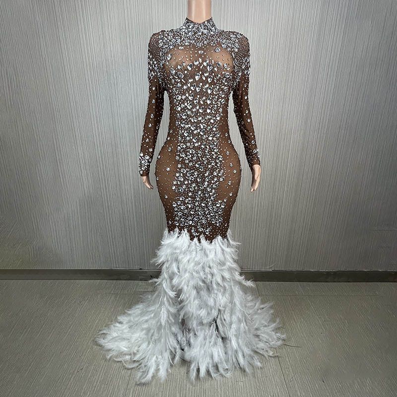Women’s Clothing Evening Gown Dress Elegant Feather Trim Dress_ecoleips.com