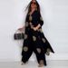 K New Elegant And Sexy V-neck Top+printed Wide Leg Pants Two-piece Set_ecoleips.com