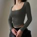 Women's Knitted Square Neck Long Sleeve Slim Fit Cropped T-Shirt European American Style Summer Sexy Inner Short Top_ecoleips.com