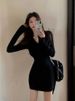 Autumn Winter Mini Dress Women V Neck Button Sexy Sweater Elegant Bodycon Dresses Long Sleeve Robe Short Skirt Waist Solid_ecoleips.com