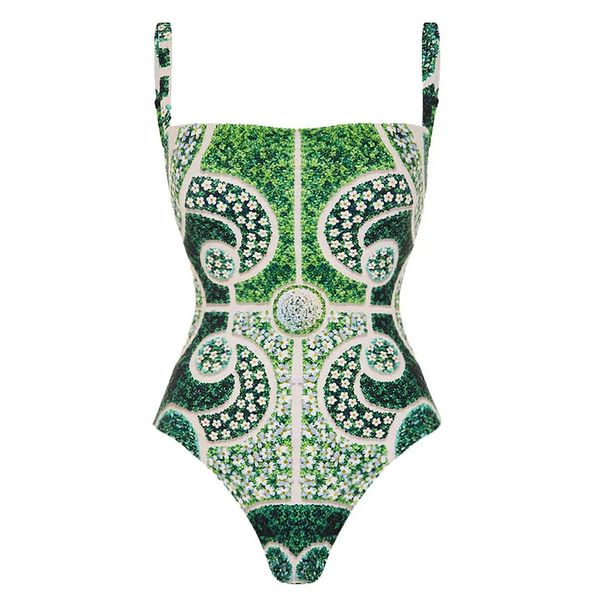 Women's Ethnic Print One Piece Swimsuit – Green Bohemian Style Bathing Suit With Adjustable Straps For Beach & Pool_ecoleips.com
