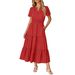 Women's V Neck Puff Sleeve Dress Ruched Short Skilled Full Skirt Spliced Long Style_ecoleips.com