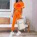 Women's Spring Summer Two Piece Set Round Neck Short Sleeve High Waisted Pants Side Pocket Casual Comfortable Outfit_ecoleips.com