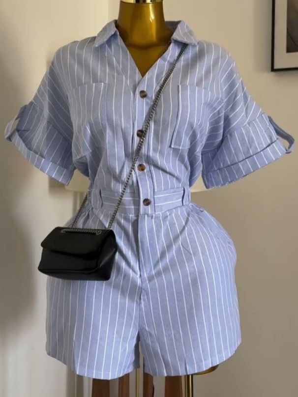 K Women's New Fashion Blue And White Striped Loose Shirt Wide Leg Shorts Jumpsuit. No Bags Or Other Accessories_ecoleips.com