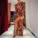 Women's Clothing Fashion Sexy Printed Lantern Long Sleeved V Neck Slit Dress Mp 698_ecoleips.com