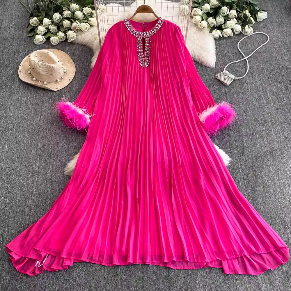 Elegant French Vintage Flared Sleeve Maxi Dress With Rhinestone Embellishments – Chic Fall Staple For Women_ecoleips.com