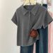 Loose Polo Collar Solid Color Short Sleeve T Shirt Women 2025 Summer High End American Style Straight Shoulder Knitted Sweater Lapel Top_ecoleips.com