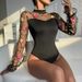 Women's Embroidered Mesh Bodysuit Puff Sleeve Long Sleeved Slim Fit Sexy See Through Hollow Out Fashion Top For Hot Girls_ecoleips.com