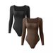Women's Ribbed Long Sleeve Bodysuit, Square Neck Slim Fit Stretchy Jumpsuit, Sexy Basic Tops For Layering_ecoleips.com