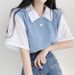 Summer Preppy Style Women's Color Block Polo Collar Top Faux Two Piece Short Sleeve T-Shirt Lazy Loose Casual Versatile_ecoleips.com