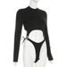 Women's Black Strappy Cutout Jumpsuit round Neck Slim Fit Cropped Long Sleeves Trendy Sexy T-Shirt Wholesale_ecoleips.com