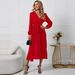 Aria Basics Aria Basics 2026 New Women's Long Sleeve Slim Pleated Belt V-Neck Dress Cross-Border A-Line_ecoleips.com