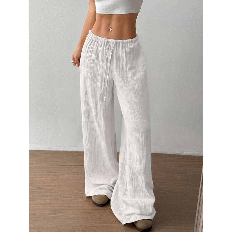New Fashionable Wide Leg Trousers For Women Elastic Waist Casual Solid Color_ecoleips.com