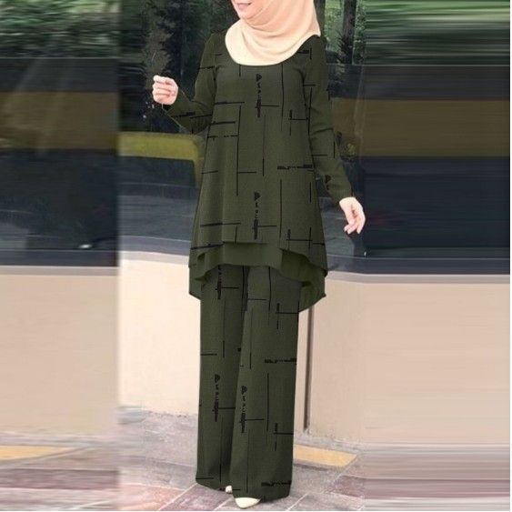 Women's Daily Double-Layer Vertical Strip Four-Sided Elastic Printed Chiffon Elastic Waistband Suit_ecoleips.com