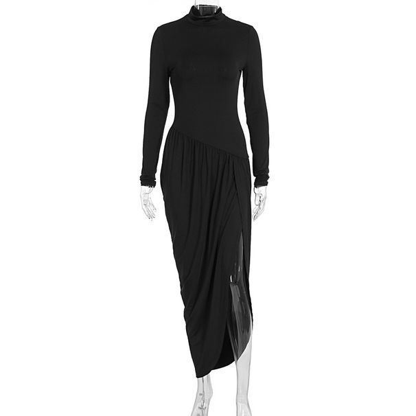 Solid Color Fashion Elegant Half Turtleneck Long Sleeve Slim Fitted Slit Ruched Bodycon Dress For Women Daily Wear Formal Outing_ecoleips.com