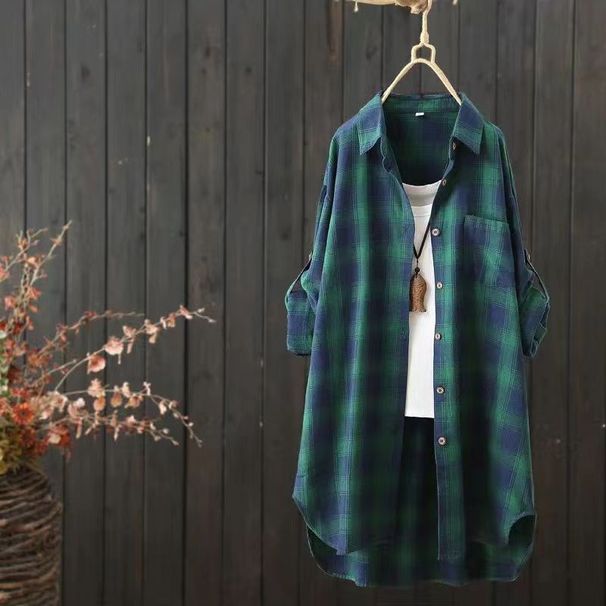 Women's Shirt With Korean-Style Loose Fit, Fashionable And Youthful Polo Collar Long-Sleeve Checkered Shirt_ecoleips.com