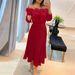Women's Clothing Black Satin Long Sleeve Deep V Waist Pleated Dress No Belt_ecoleips.com