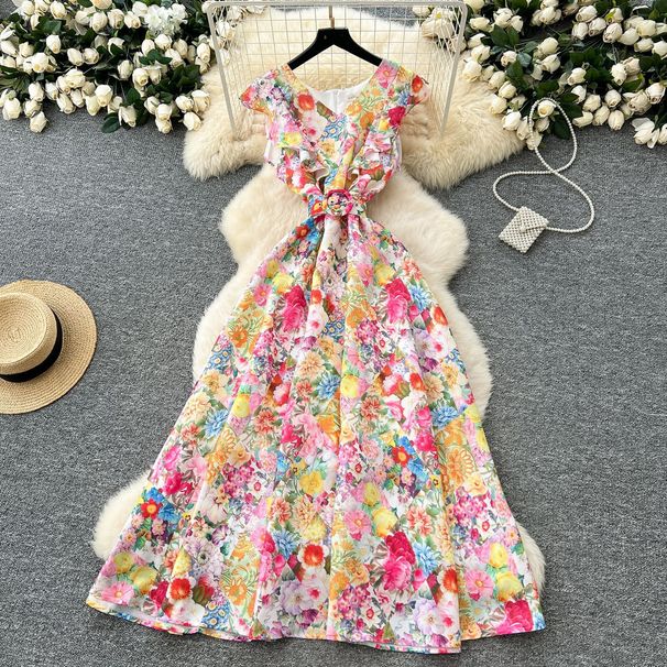 Women's Clothing Printed Sleeveless Dress For Women With Ruffled Waist Belt Slim Design Elegant Fairy Long Dress_ecoleips.com