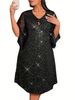 Glamorous Plus Size Party Dress – Sparkly Mesh & Pearl Embellished Elegant Midi Dress For Women (Stretchy Polyester Blend)_ecoleips.com