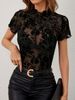 Women's Clothing Style Mesh Rose Flocked Slim Fit Top With Stand Collar Short Sleeve Base Layer For Women For Formal & Casual For Women_ecoleips.com
