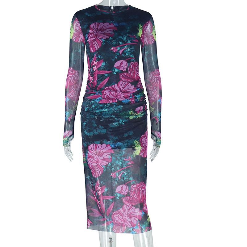 Women's Clothing Personalized Fashion Women's Clothing Elegant Printed Hip Wrapped One Step Skirt Round Neck Long Sleeve Slim Long Dress_ecoleips.com