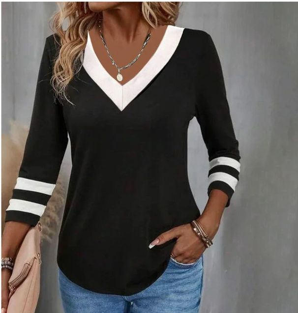 Men's & Women's Color-Block V-Neck Long Sleeve T-Shirt – Oversized Casual Polyester Top For Streetwear & Workwear (Black/Pink/Blue/Red)_ecoleips.com