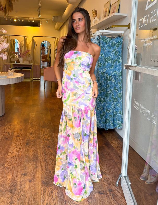 Women's Clothing Summer New Elegant Tube Top Mesh Print Waist Sleeveless Ruffle Dress_ecoleips.com