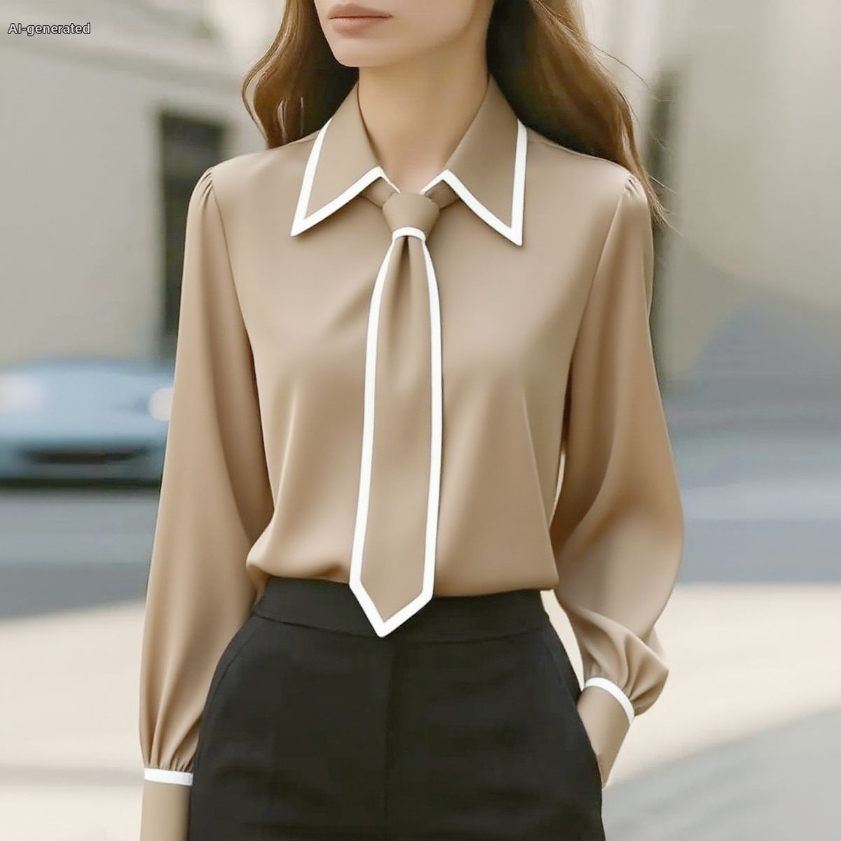 Women's Long Sleeve Shirt Solid Color Commuter Tie Style Autumn Fashion Clothing_ecoleips.com