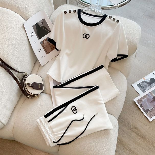 Women's Casual Sportswear Set White Short Sleeved Running Top With Straight Leg Pants Two Piece Slimming Fit Stylish_ecoleips.com