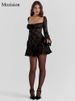 Mozision Elegant Backless Long Flare Sleeve Print Mini Dress Women Fashion Square Collar A-line Pleated Club Party Sexy Dress_ecoleips.com