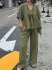 Women's Clothing Women's New Products Cotton And Linen Pure Color V Neck Casual Short Sleeved Tops And Pants Two Piece Set_ecoleips.com
