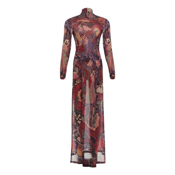 Women's Clothing Fashion Slimming Long Top Spring New Print Waist High Slit Round Neck_ecoleips.com