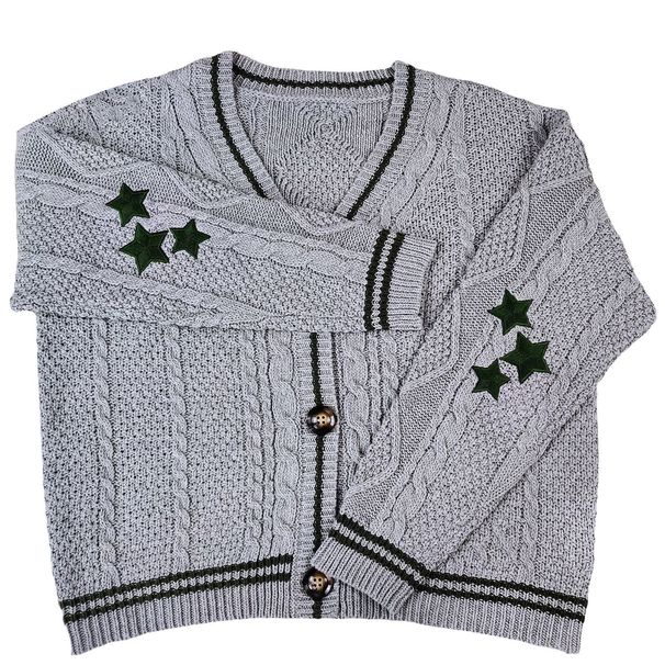 K Women's V-neck Long Sleeved Star Embroidered Single Breasted Lazy And Loose Casual Sweater Cardigan Jacket For Women_ecoleips.com