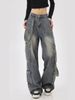 Plus-size American High-street Multi-pocket Workwear Jeans For Women, With A Unique Design, Loose Fit, Slimming Effect,_ecoleips.com