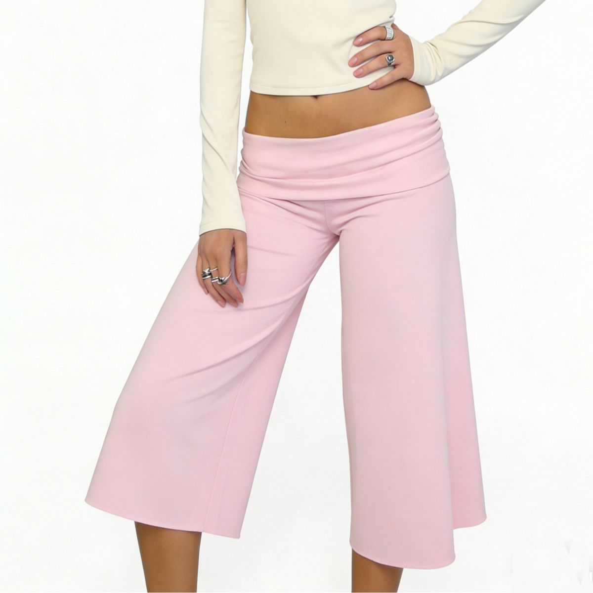Women's Casual Fashion Fold Up Waist Cropped Wide Leg Pants Spring Summer New Arrival Style_ecoleips.com