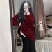girl Two-Piece Set/French Autumn Winter New Lazy Style Loose Christmas Twist V-Neck Red Sweater Knitwear For Women_ecoleips.com