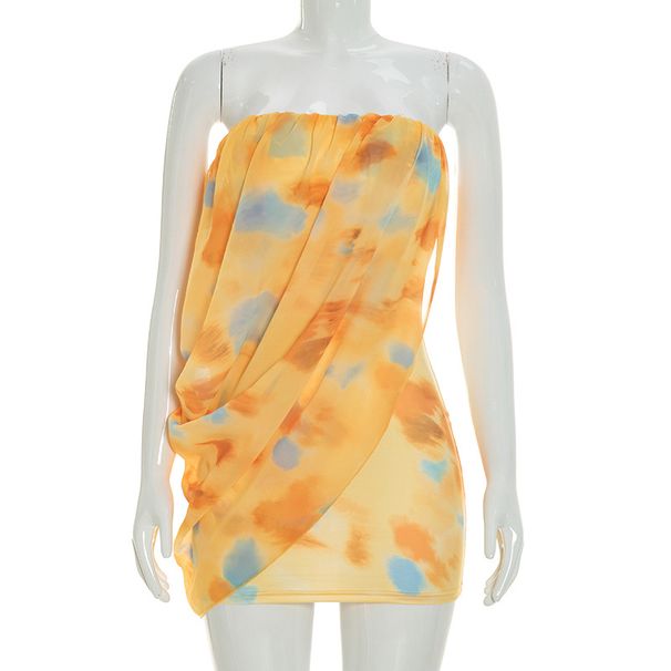 Women's Elegant Sleeveless Strapless Ruffled Mini Dress European American Style Summer New Solid Color Slim Short Gown_ecoleips.com