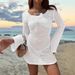 Solid Color Crochet Backless Long Sleeved Cover Up Sweater Beach Dress Sexy Hollow Out Women's Clothing_ecoleips.com