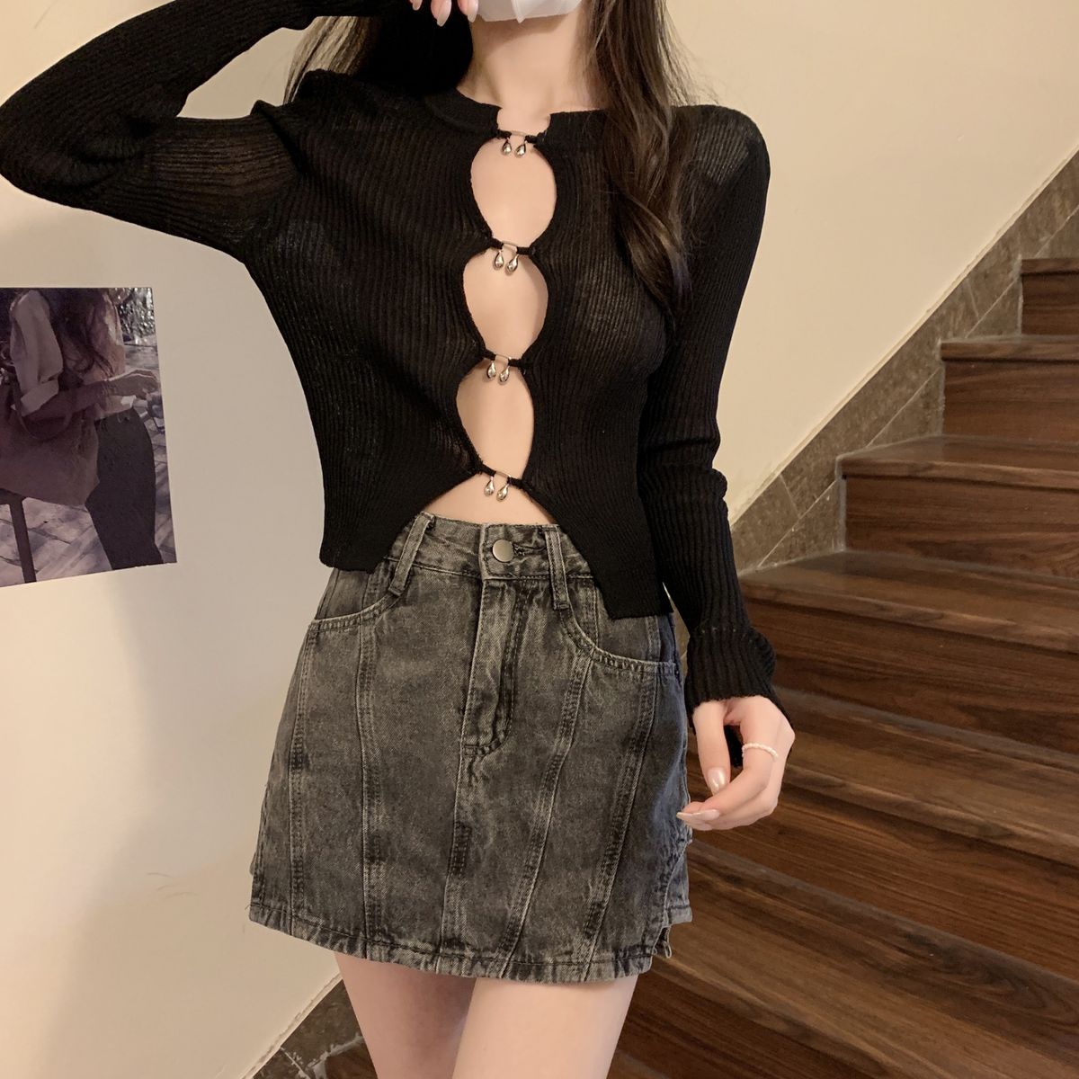 Women's Knitted Sweater Button Design Pure Hollow out Sun Protection Shirt Sexy Alluring Niche Style Black Spring Autumn_ecoleips.com